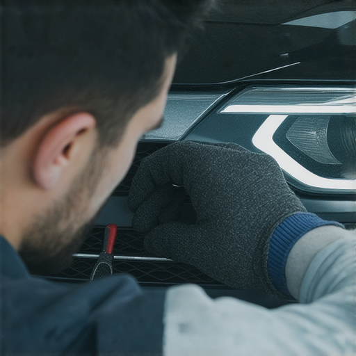 車頭燈更換服務現場，技師專業進行燈泡替換作業，清晰展示車輛內部及所需工具，強調車頭燈更換費用及專業服務的細節，吸引顧客了解更多資訊。