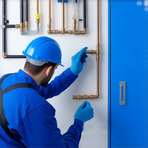 迅速解決水電問題的專業維修服務，一位技術人員正在檢查水管和電線，確保安全與效率，提供可靠的維修方案，滿足客戶需求。