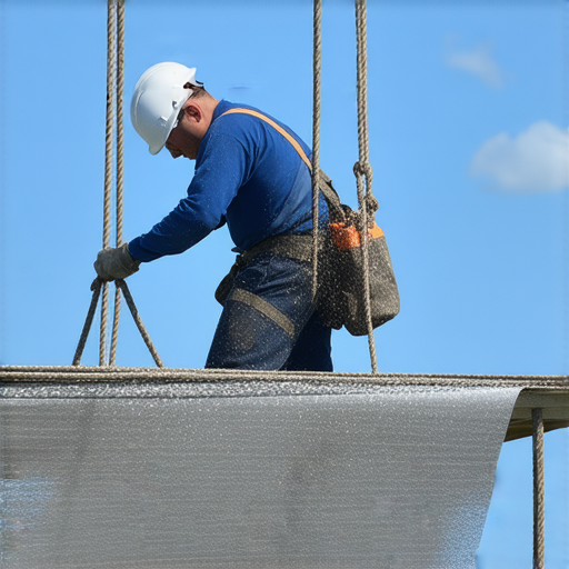 揭開防水秘密的圖片，展示專業技術人員使用勾掛技巧進行防水作業的過程，突出專業服務的重要性，幫助消費者解決防水問題。