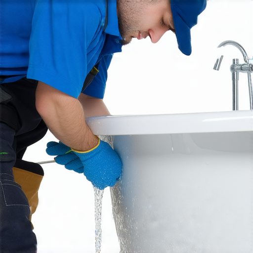 浴缸堵塞的情況，專家正在檢查並提供解決方案，強調立即聯繫專家的重要性，傳達及時解決浴缸問題的服務理念。