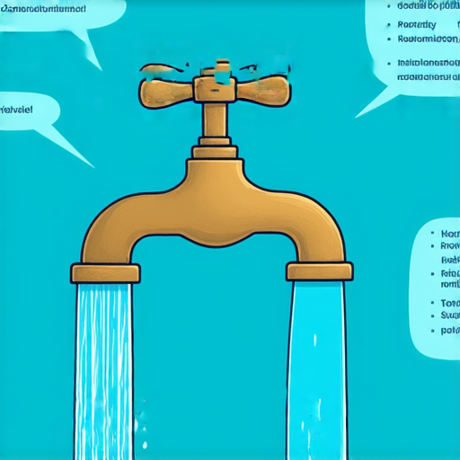 水龍頭發出尖銳聲的情景，水流不斷流出，畫面展示問題的根源，說明原因和解決方法，讓讀者了解如何應對水龍頭尖銳聲的困擾。