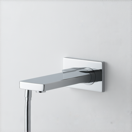 入牆式水龍頭展示，強調其空間節省設計與現代美學，並配有專業維修服務資訊，讓使用者了解此產品的驚人優點及維修保障，提升生活質感。