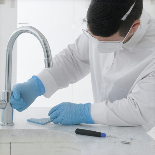 電鍍水龍頭的維修服務專業圖像，展示專家檢查水龍頭細節，強調電鍍層維護的重要性，傳達我們的專業維修服務能恢復水龍頭的光澤和功能。