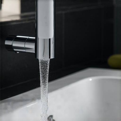 小米水龍頭特寫，展示其設計與功能，背後隱藏的高科技技術，並強調專業水電維修服務的重要性，提升用戶對產品質量的認知。