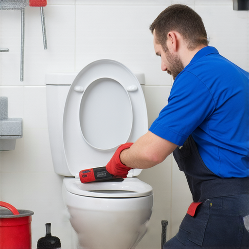 馬桶不通的專業維修服務，技術人員正在檢查馬桶，專業工具和設備一覽無遺，確保快速有效解決問題，讓您安心使用衛生間。