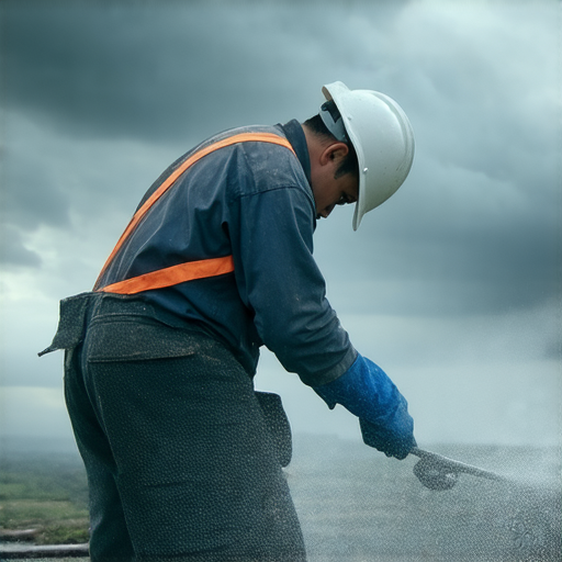 雨季防水施工專業服務圖，工人專注進行防水材料施工，背景顯示陰雲密佈，展現提升防潮效果的重要性，無懼潮濕困擾，確保安全與舒適的居住環境。
