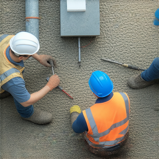 專業團隊在檢查水電故障現場，技術人員使用工具進行維修，展現解決問題的能力，吸引需要水電維修服務的人士立即聯繫。