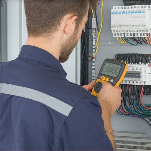 電路維修專家正在檢查故障電路，手中持有檢測工具，背景為安全的工作環境，傳達專業水電維修服務能迅速解決電路問題的訊息。