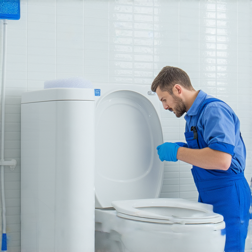 鹽晶廁所的專業維修服務，技術人員正在檢查設備，展現出我們的專業與效率，維護廁所清潔與衛生的秘密武器，讓您的生活更加舒適。