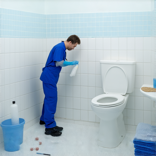 鹽廁所內部景象，顯示出異味造成的不適環境，專業維修技術人員正在進行檢查與改善，確保廁所環境清新舒適，提升使用體驗和衛生品質。