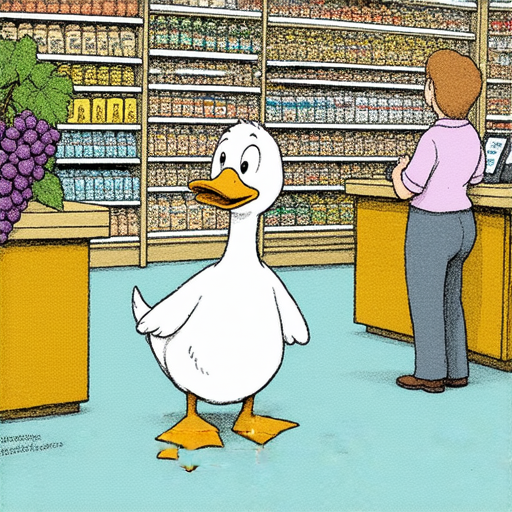 有一天，一隻鴨子走進商店，對店員說：「請問你們有沒有葡萄？」

店員回答：「抱歉，我們這裡沒有葡萄。」

第二天，鴨子又來了，問：「請問你們有沒有葡萄？」

店員有點不耐煩，說：「我說過了，我們沒有葡萄！」

第三天，鴨子再次來到商店，問