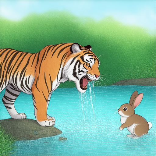 當老虎正在河邊喝水時，突然看到一隻兔子跑過來，於是問兔子：「你為什麼不喝水？」

兔子回答：「我不想變成像你這樣的老虎！」

老虎笑了笑說：「放心吧，我也不想變成兔子！」