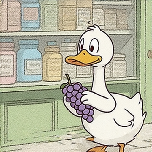 有一天，一隻鴨子走進一家藥房，問店員：「你們這裡有葡萄嗎？」

店員回答：「沒有，我們這裡不賣葡萄。」

第二天，鴨子又來了，問：「你們這裡有葡萄嗎？」

店員皺著眉頭說：「我昨天不是告訴你了嗎？我們這裡不賣葡萄！」

第三天