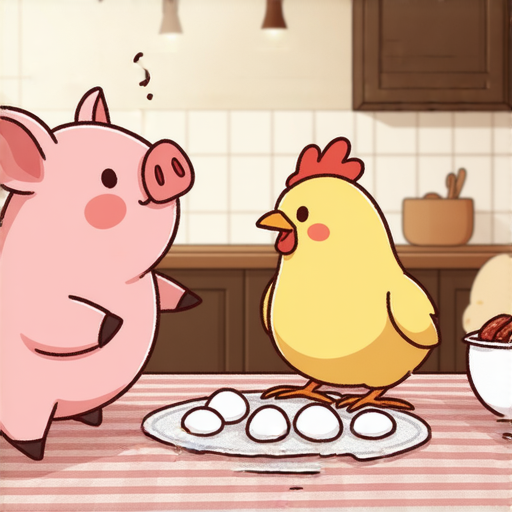 有一天，一隻豬和一隻雞在一起聊天。豬說：「你知道嗎？我們在早餐裡的地位完全不同。」

雞問：「為什麼這樣說？」

豬回應：「因為你只是下個蛋，而我則是得貢獻一切！」