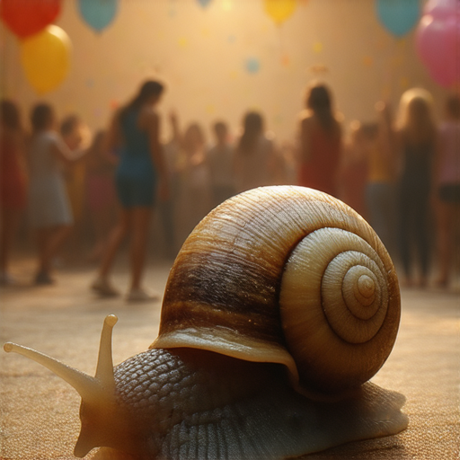 有一天，一隻蝸牛去參加派對，牠在門口猶豫了很久，最後還是進去了。當牠進到派對裡，大家都在熱烈地慶祝。蝸牛看到大家都玩得那麼開心，於是也想加入，但牠的速度實在是太慢了。

結果，蝸牛在派對裡轉了好幾圈，