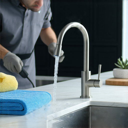 水龍頭鏡面清潔服務，專業工具展示，廚房升級秘訣，讓廚房瞬間煥然一新，專業人員正在工作，提升居家環境的水龍頭鏡面亮度。