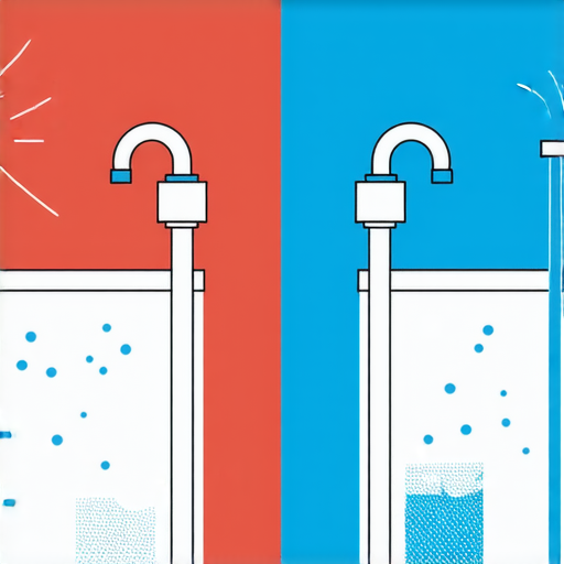 水龍頭設計圖，顯示左側為熱水，右側為冷水的家居排水系統，解釋家庭供水問題，並突顯相關專業服務，提供用戶解決方案。