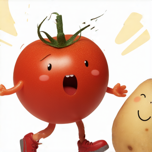 有一天，一隻番茄和一隻馬鈴薯一起散步。

突然，番茄跌了一跤，馬鈴薯驚呼：「你怎麼了？」

番茄回答：「我被壓扁了！」

馬鈴薯笑著說：「別擔心，這是你變成醬的第一步！」