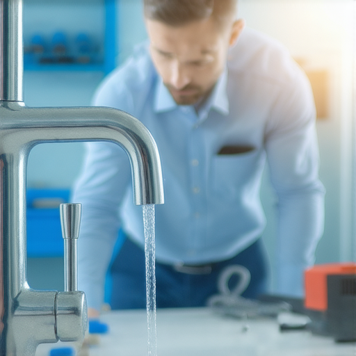 水龍頭開啟好運氣的畫面，背景是維修水電專家的工具和設備，專家正示範水龍頭維修技巧，傳授省心秘訣，突顯專業服務與水電維修的關鍵教育。