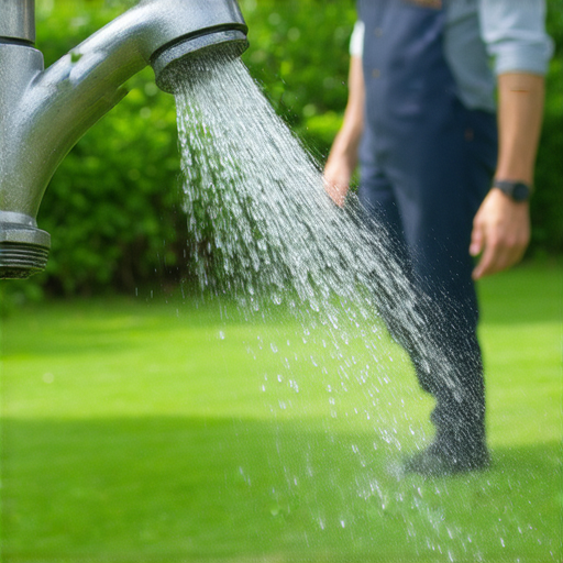 自動灑水器水龍頭的特寫，展示其安裝方式及使用情境，旁邊有水電專業服務人員提供建議，強調提高庭院綠化效果的便利性和效率，呼籲用戶了解更多服務。
