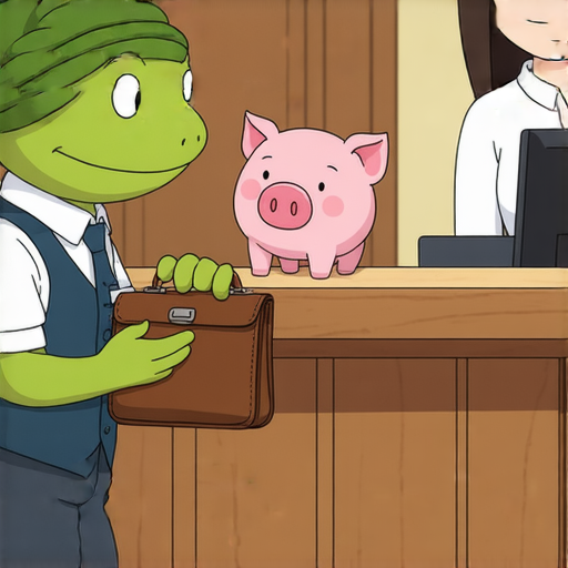 有一天，一隻青蛙走進銀行，對櫃台小姐說：「我想貸款。」

櫃台小姐驚訝地問：「你有抵押品嗎？」

青蛙掏出一個小小的皮包，裡面是一隻小小的粉紅色玩具豬。櫃台小姐看著它，詢問道：「這是什麼？」

青蛙忙說：「這