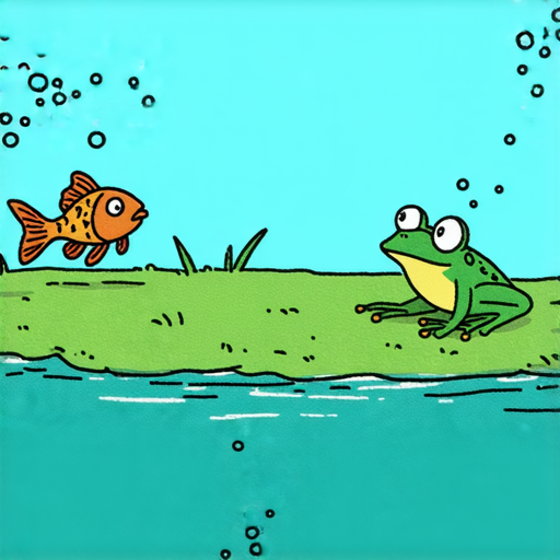 有一天，一隻魚游到河邊，看到一隻青蛙正在岸邊跳來跳去。魚好奇地問：“你為什麼總是這麼喜歡跳呢？” 

青蛙回答：“因為我在地上跳得很開心啊！”

魚想了想，說：“那你要不要試試在水裡游？”

青蛙一皺眉：“你忘了嗎？我不