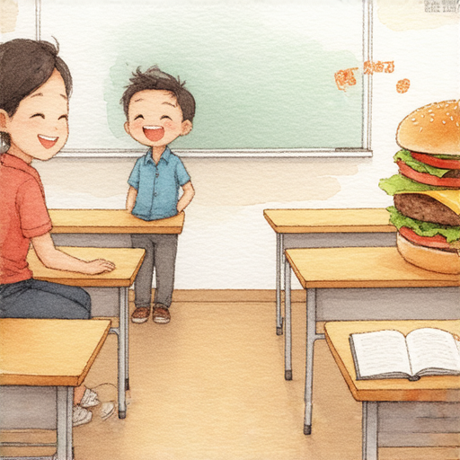 有一天，小明問他的老師：「老師，為什麼我們不能在課堂上吃東西？」

老師回答：「因為我們要專心學習啊！」

小明眨了眨眼，說：「可是，如果我把書當成漢堡，這樣不就能一邊學習一邊吃了嗎？」 

老師無奈地笑了笑，說：「那你的書可得好好塗點沙拉醬才