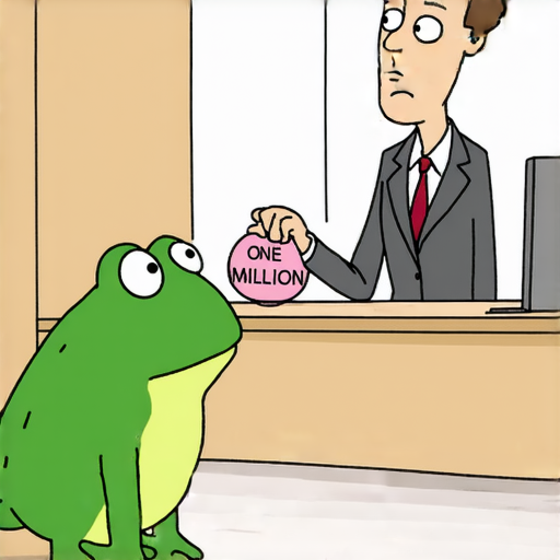 有一天，一隻青蛙走進一家銀行，對櫃檯的出納員說：「你好，我想貸款一百萬！」

出納員驚訝地問：「你有抵押品嗎？」

青蛙從口袋裡拿出一個小小的粉紅色玩具，說：「這個可以嗎？」

出納員看了半天，實在無法理解，於是她去找經理