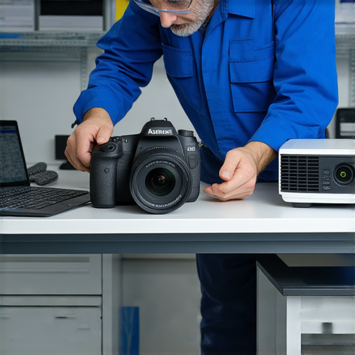 相機、音響與投影機維修服務專業技術人員正在檢查設備，展現維修過程，提供解決方案，為客戶提供高品質的技術支援，確保設備恢復正常運作。
