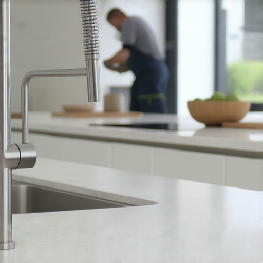 wb-500水龍頭安裝在現代廚房，展示其高效能及時尚設計，背景有專業水電工人提供水電服務，強調家庭必備的水龍頭解決方案。