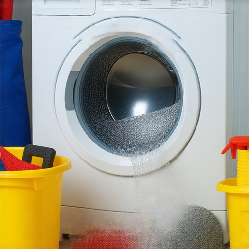 洗衣機排水堵塞的問題解決方案，專業水電維修服務，清楚顯示洗衣機及工具，体现高效維修，幫助用戶立即了解如何處理排水困擾。