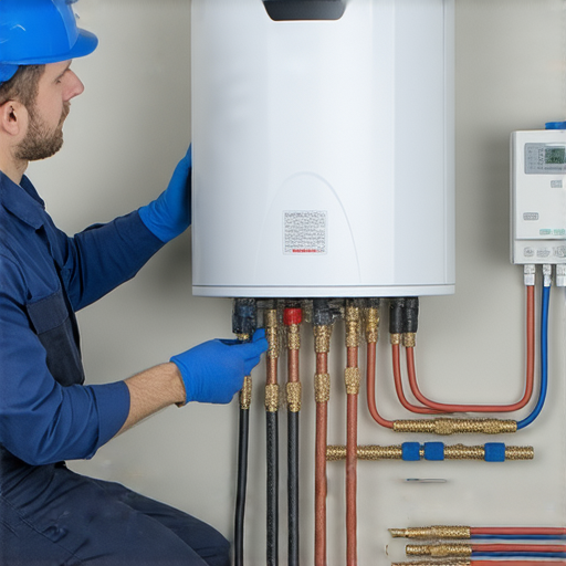 電熱水爐接駁過程中的專業技術人員，展示安全高效的接駁秘訣，背景為乾淨的工作環境，強調水電安全與效能，鼓勵聯繫專業服務即時協助。