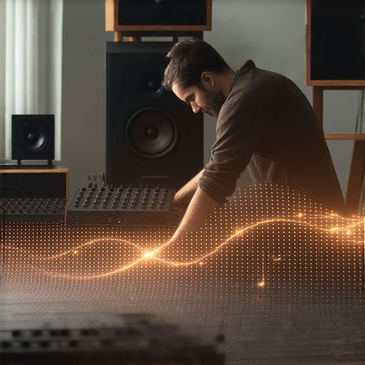 探秘家用音響音質提升秘訣的專業維修服務，專家在調整音響設備，顯示音質改善過程，伴隨美妙音樂，讓您的音樂更完美，持續探索音響保養技巧。