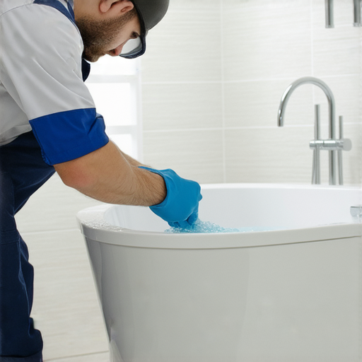 浴室企缸安裝過程中的專業技術人員，展示如何精確安裝和調整企缸，增添居家美感與舒適；圖片強調安裝細節與安全措施，為浴室設計提供靈感。