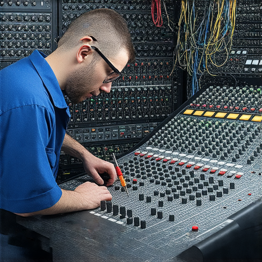 音響失靈維修專業技術人員在檢查設備，專注於音響系統的問題解決，讓音樂重回巔峰，展示維修過程中的專業工具和技術。