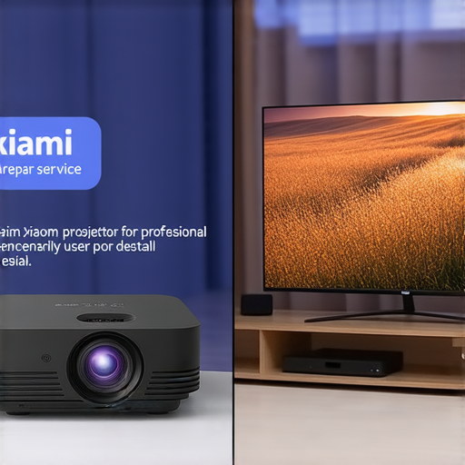 小米投影機與電視並排對比，展示影像質量與大小差異，強調小米投影機的魅力與實用性，背景中有專業維修服務標誌，提升用戶信心。