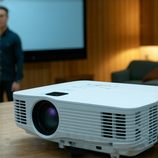 投影機展示AirPlay無線投影功能，顯示投影畫面，旁邊有維修專家等待服務，強調技術支持和簡便操作，適合家庭和辦公室使用。