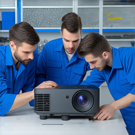 友和投影機故障維修服務團隊，專業技術人員正在診斷故障投影機，目標是迅速恢復您的視覺體驗，提供高效的維修解決方案。