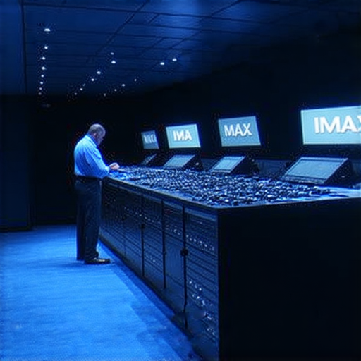 IMAX影院內部，專業技術人員正在檢查音響及投影機設備，確保觀影品質，展示IMAX專業維修服務的關鍵秘密，凸顯音響與投影技術的重要性。