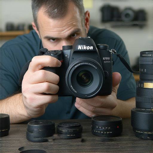 Nikon相機維修服務圖片，專業技術人員正在檢查相機，旨在恢復影像效果，提升拍攝品質，幫助用戶了解相機維修的必要性，重回影像巔峰。