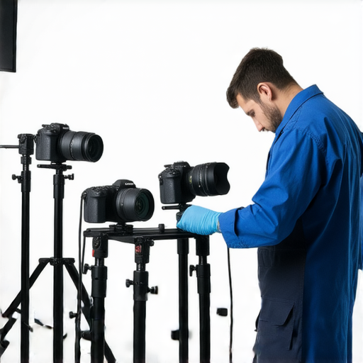 攝影棚內的專業維修技術人員正在檢查故障設備，確保攝影器材運行正常，讓創意再次發揮，提升拍攝品質。尋求專業維修服務是恢復設備性能的關鍵。