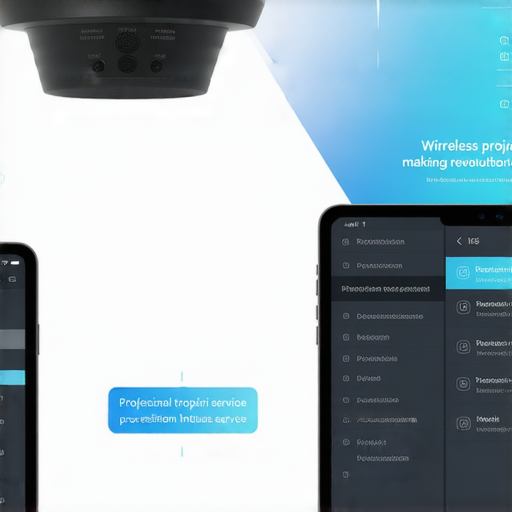 無線投影革命展示連接iPad到投影機的操作界面，簡單無縫的投影過程，加上專業維修服務資訊，幫助用戶快速解決問題，提升投影體驗。