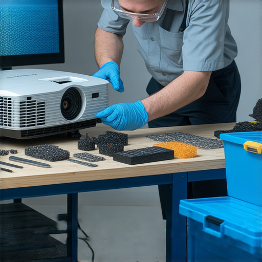 投影機維修服務的專業技術人員正在檢查故障投影機，展現維修過程及工具，幫助影像重生，提供即時解決方案，讓觀眾了解專業維修秘訣。