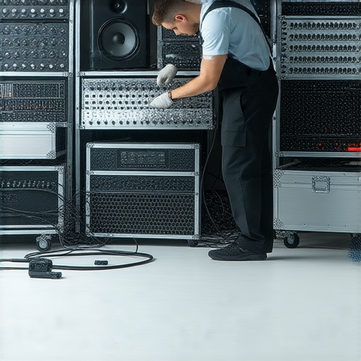 調整音響不再難，專業維修服務提升音質，維修專家正在調整音響設施，確保最佳音效，讓顧客享受到清晰動聽的音樂體驗。