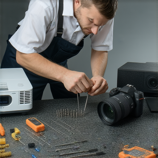 音響、投影機、相機故障檢修過程，專家專心維修設備，展示維修工具，強調專業技術，揭秘維修背後的秘密，讓設備恢復最佳性能，立即了解維修服務。