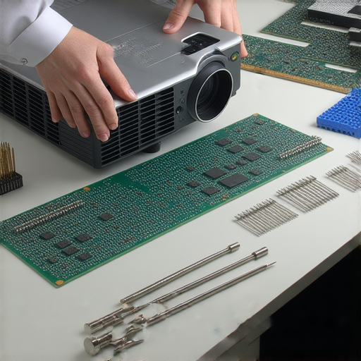 投影機故障維修場景，專家檢查投影機，工具齊全，聚焦於修理過程，彰顯專業維修技巧，旨在幫助重拾完美畫面，解析投影機維修秘訣。