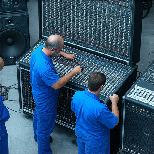 重低音失靈的音效設備維修服務專業團隊正在檢查音響系統，提供高品質的維修解決方案，幫助客戶恢復完美音效，探索音效奧秘，重拾音樂享受。