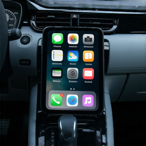 Nissan車內展示iPhone無線投影功能的畫面，強調科技與便利結合，同時提示用戶利用專業維修服務保持車輛最佳狀態。