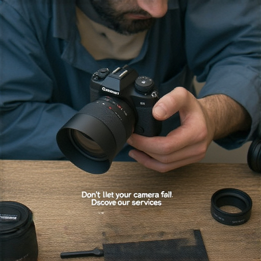 專業攝影機維修服務的宣傳圖片，顯示技術人員在修理攝影機，讓您重拾拍攝靈感，別讓您的攝影機罷工，了解我們的服務！