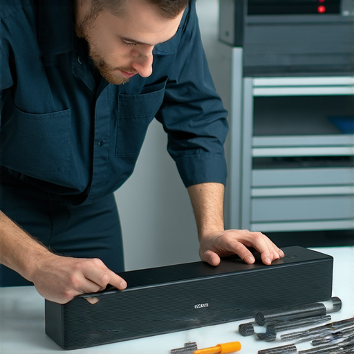 Soundbar設備無聲故障的維修專業人員正在檢查裝置，圖中顯示維修過程和工具，揭示解決聲音問題的原因，旨在幫助用戶恢復音響體驗。